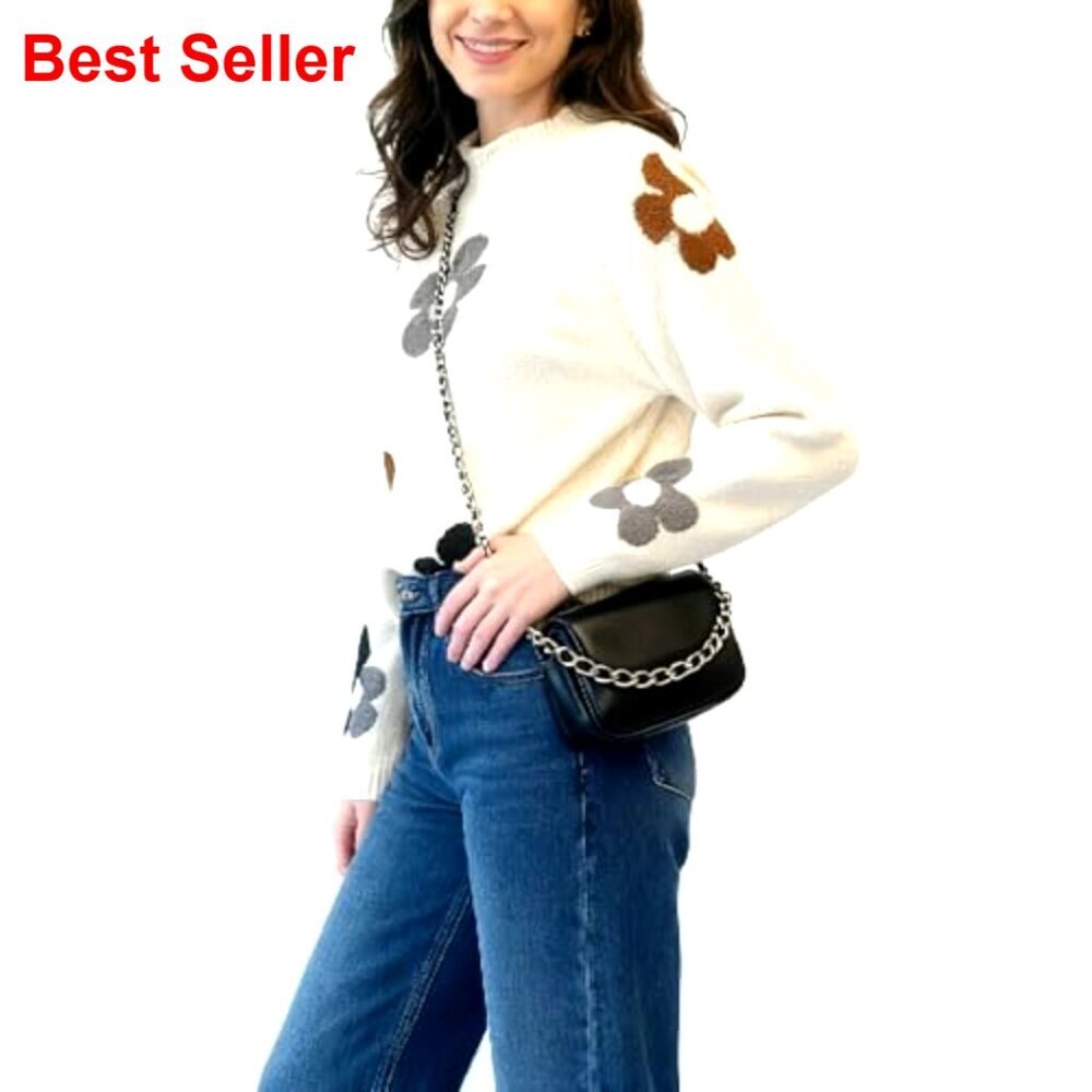 Oversized Chunky Knit Pullover Sweater Mock Neck Floral Print Fall - Picture 4 of 7